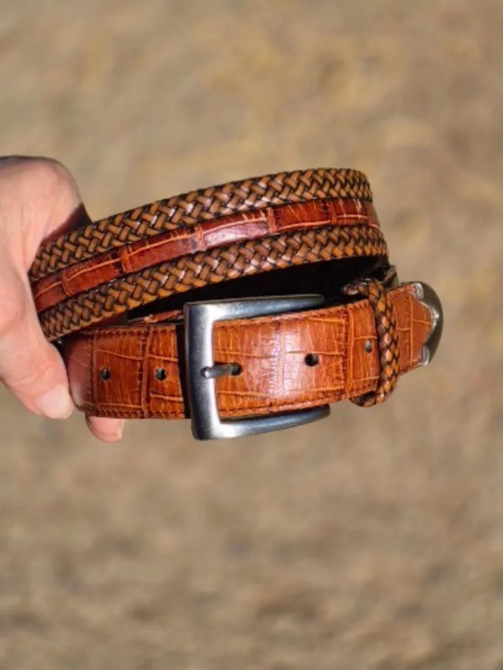 Brighton Braided Two Tone Leather Belt with Moc Croc Accents